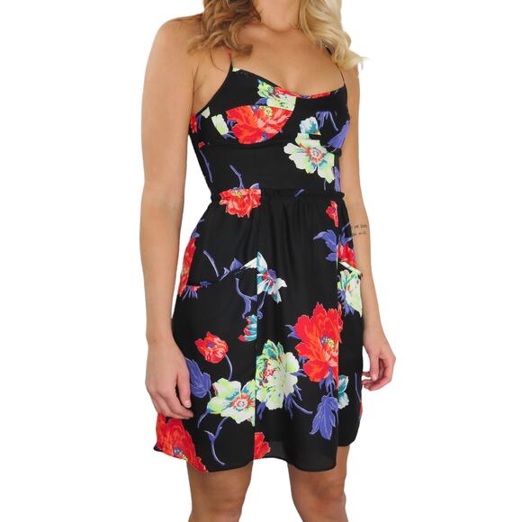 American Eagle Tropical Floral Black Dress XS Summer Vibrant Hawaiian - Picture 1 of 8